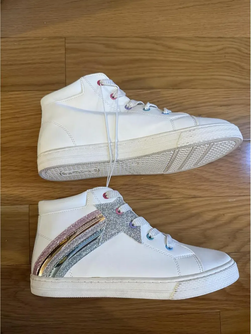 Girls White High-Top Glitter Star Sneakers Size 5